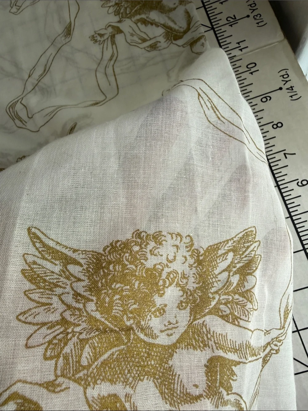 1¾ Yds Vintage Style Cherub Voile Fabric 58” Wide Semi Sheer Ivory Gold Romantic